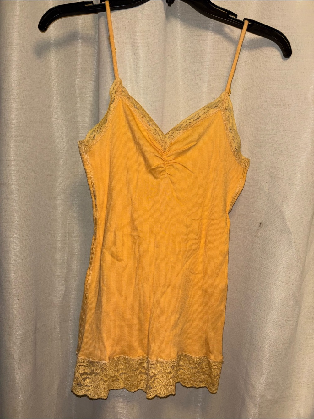 Y2K Ribbed Cotton W/Lace Trim Adjustable Straps Yellow babydoll Cami Tank Top, M